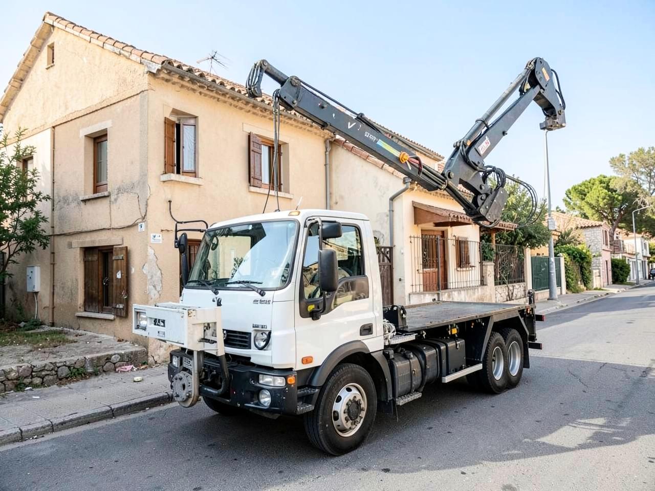 Mezzo con braccio elevatore parcheggiato accanto a un edificio
