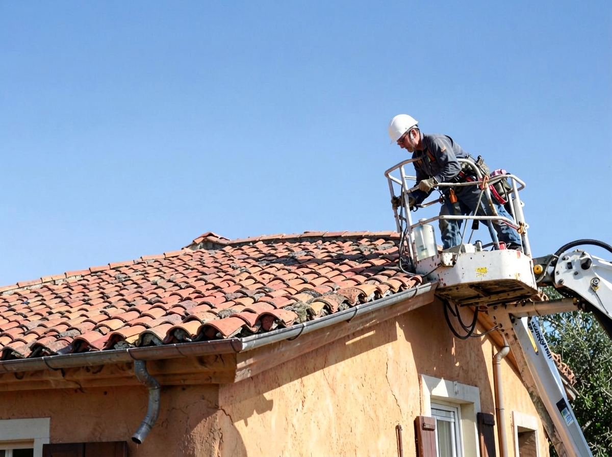 Operatore che verifica il bordo di un tetto in tegole da una piattaforma